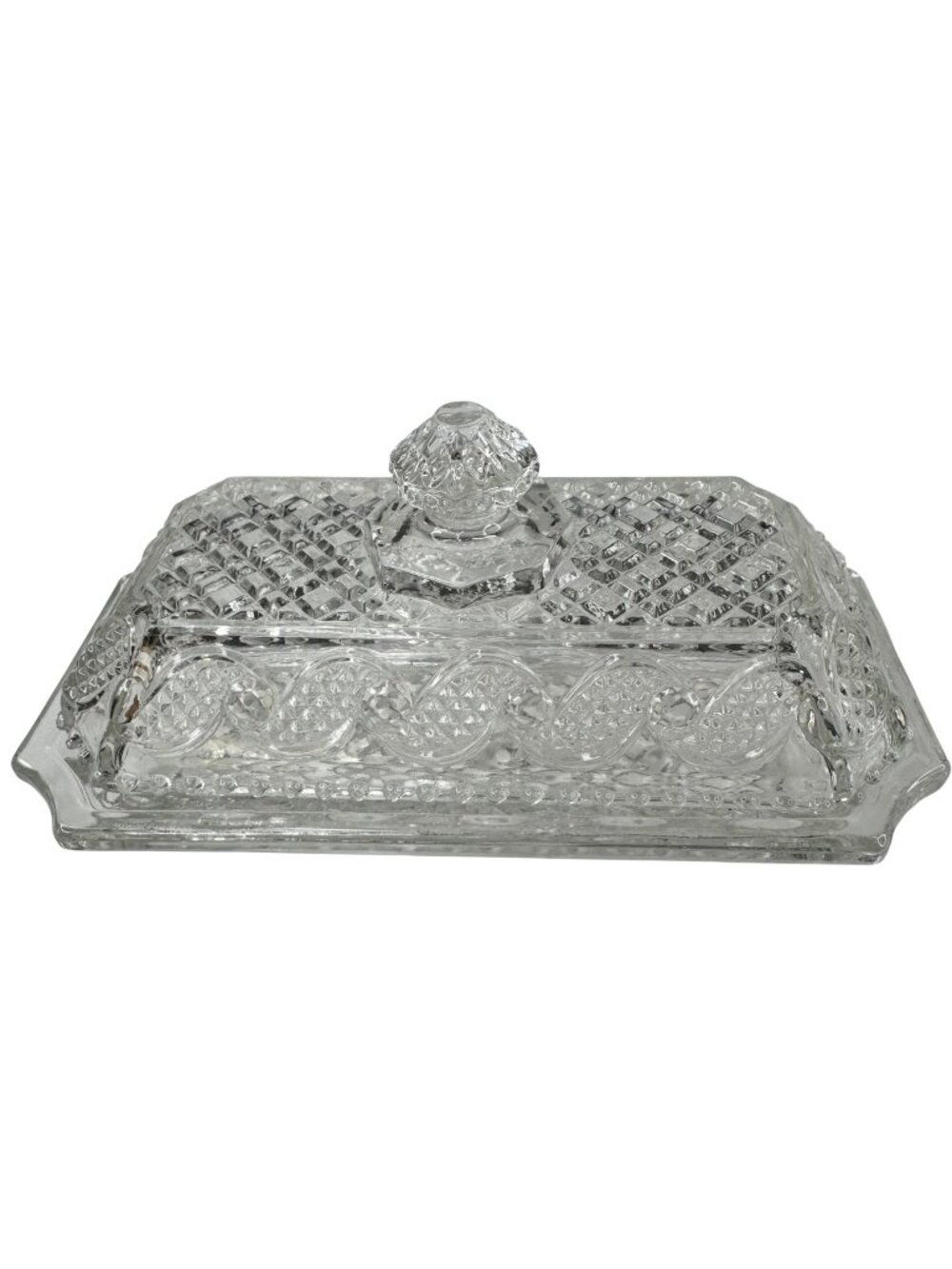 Avon Clear Pressed Glass Butter Dish w/ Lid Diamond Pattern 7 in Vintage B